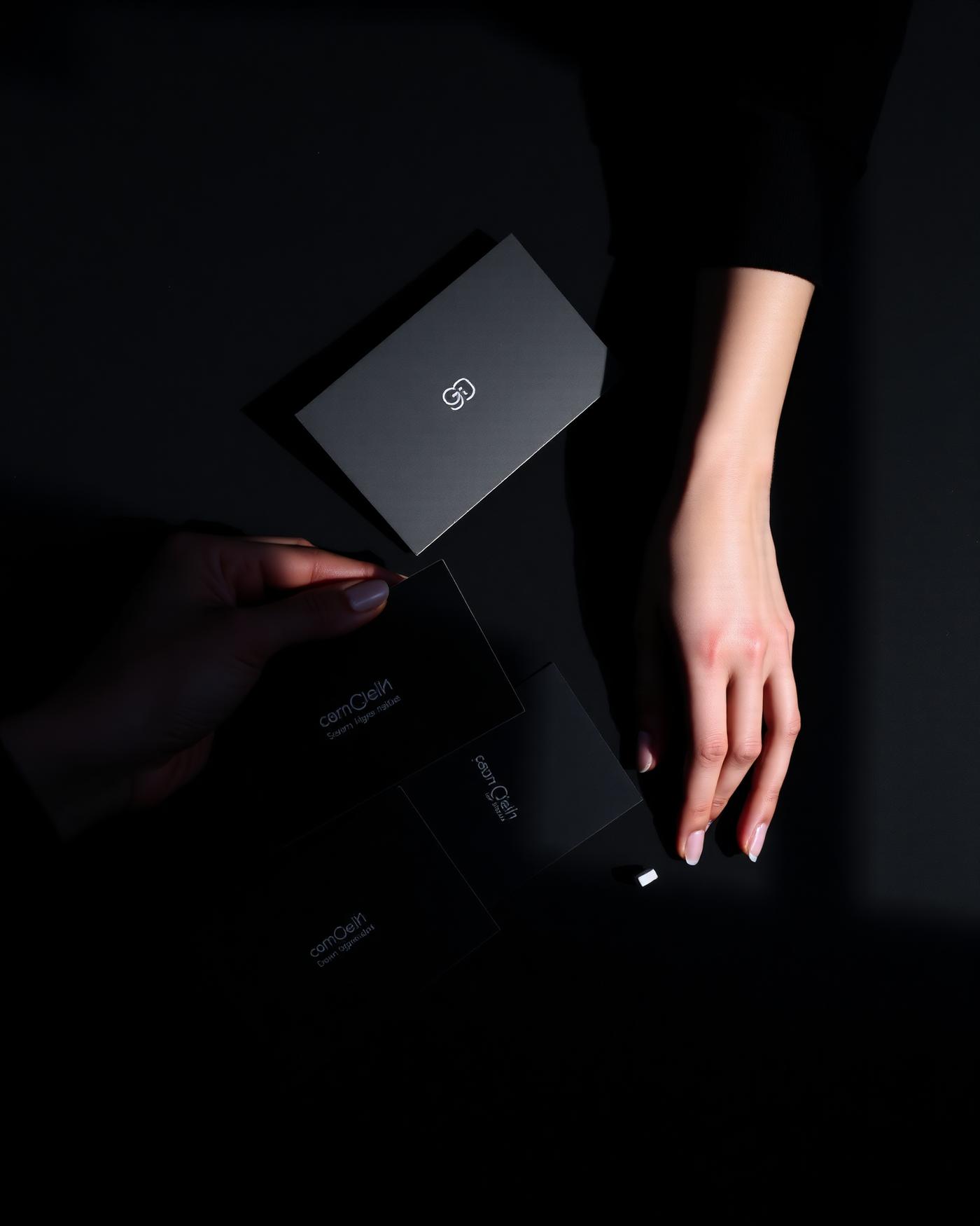 Matte black brand collateral arranged under a single dramatic studio light